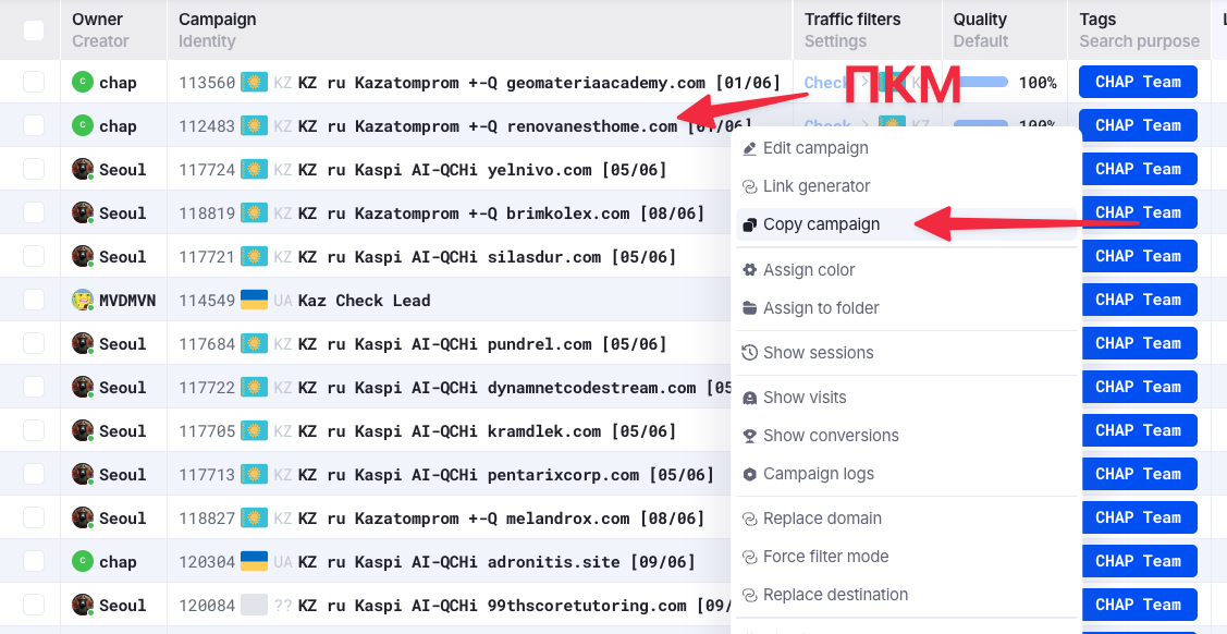 Процесс копирования кампании